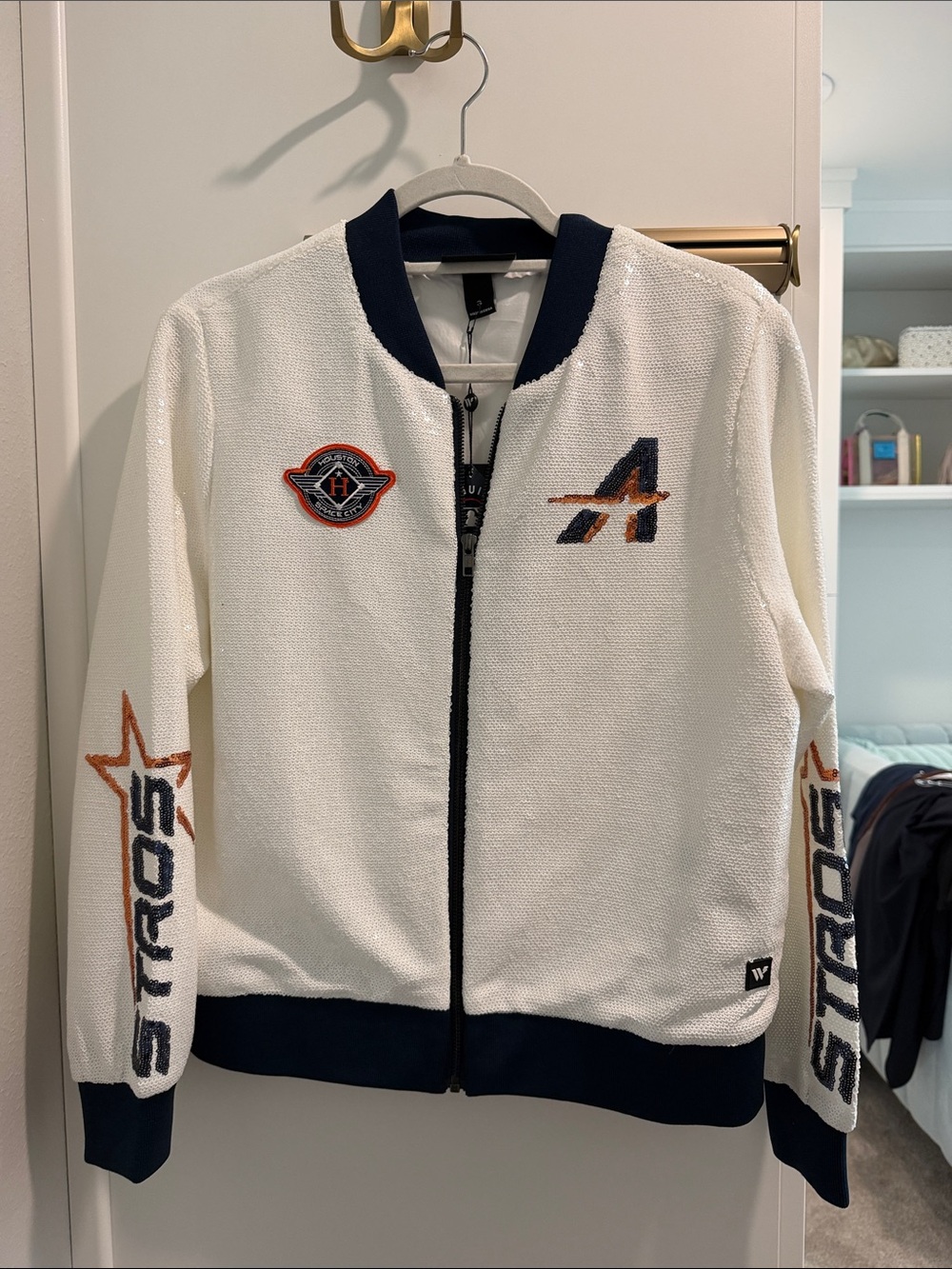 Genuine Merchandise White Bomber Jacket with Navy Trim and Orange Sequin Accents